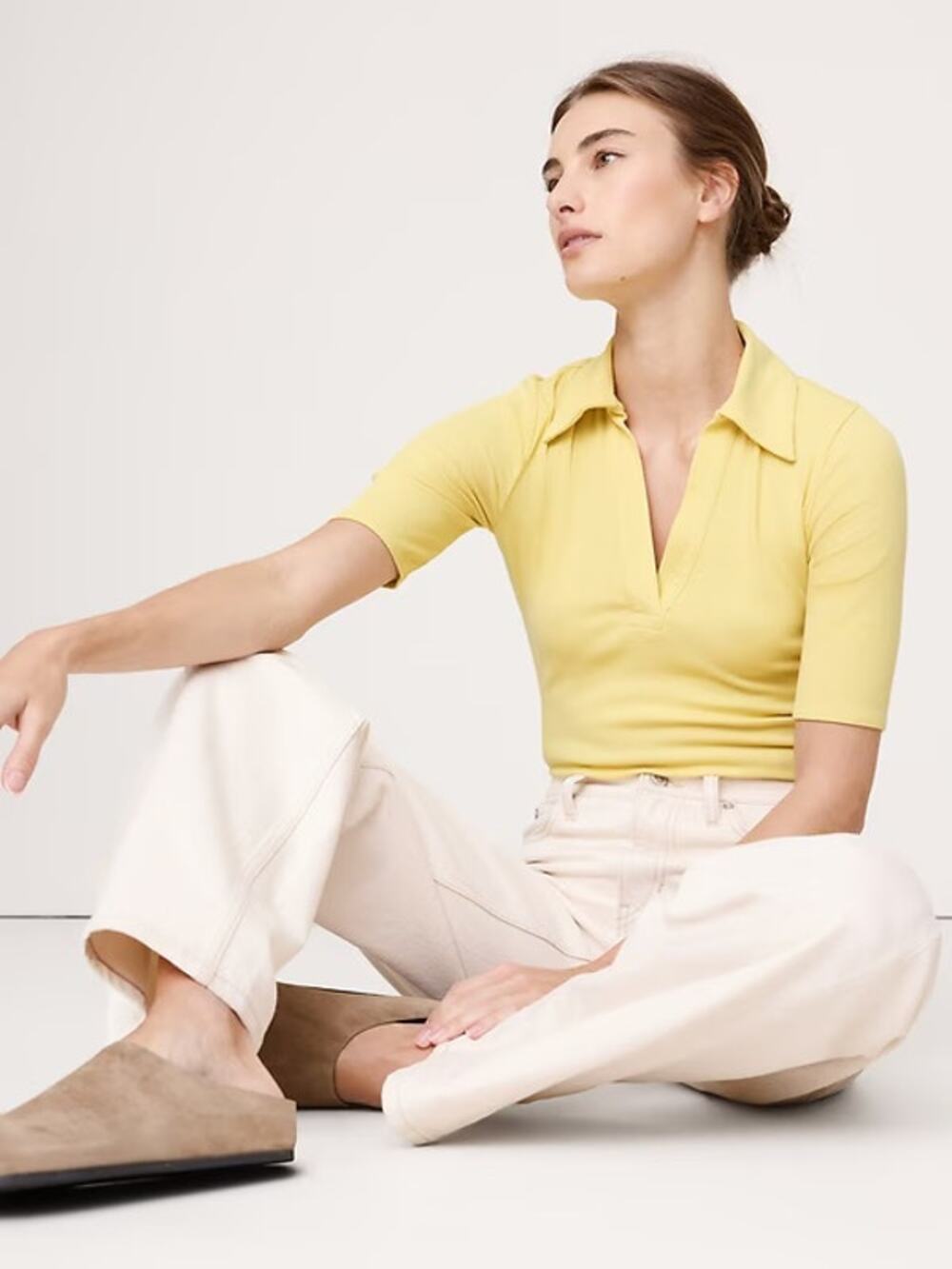 Banana Republic Ribbed Elbow-Sleeve Polo Size L Pale Yellow